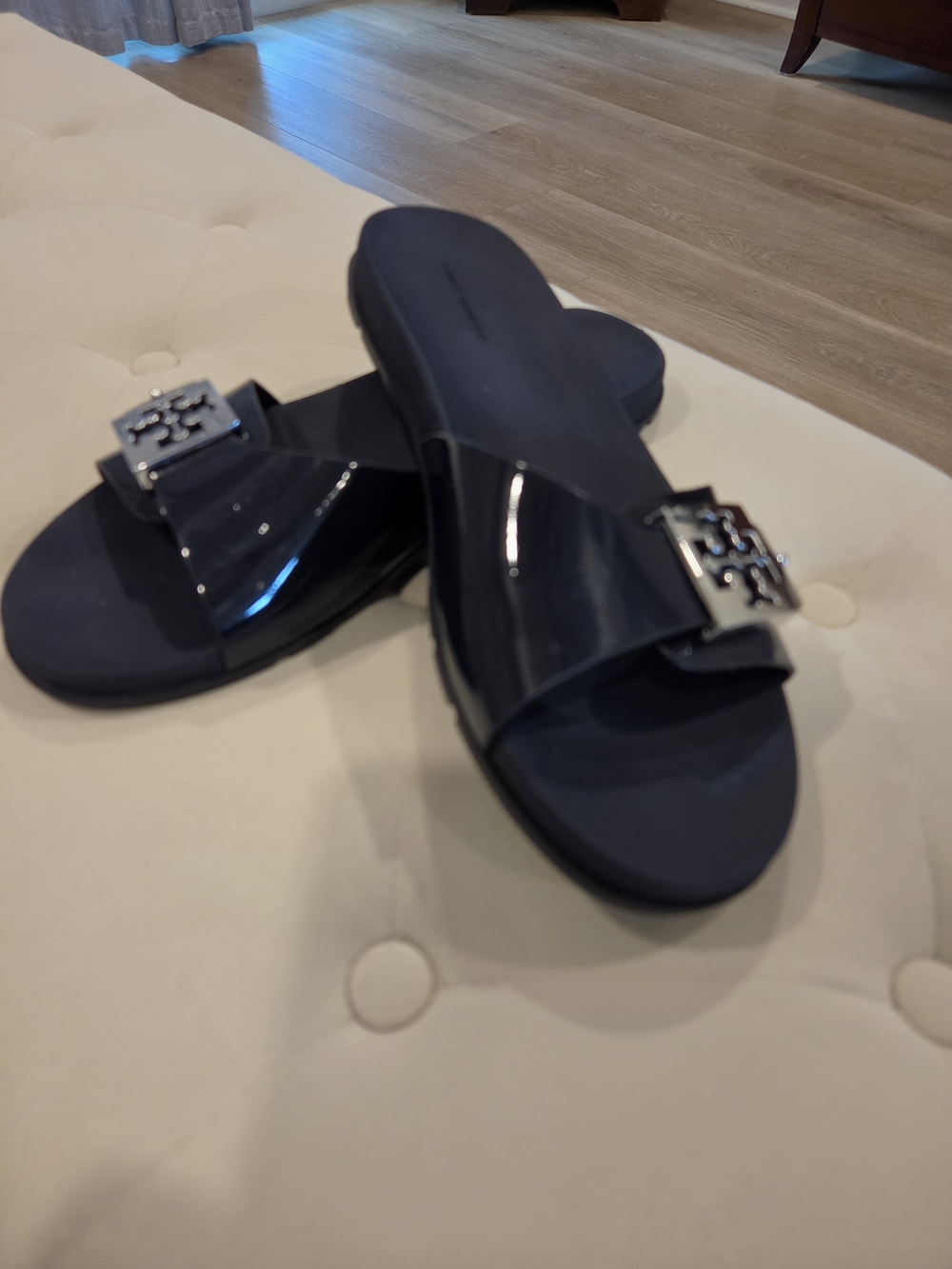 Women’s Navy BLUE Slide Sandals with Silver Accent
